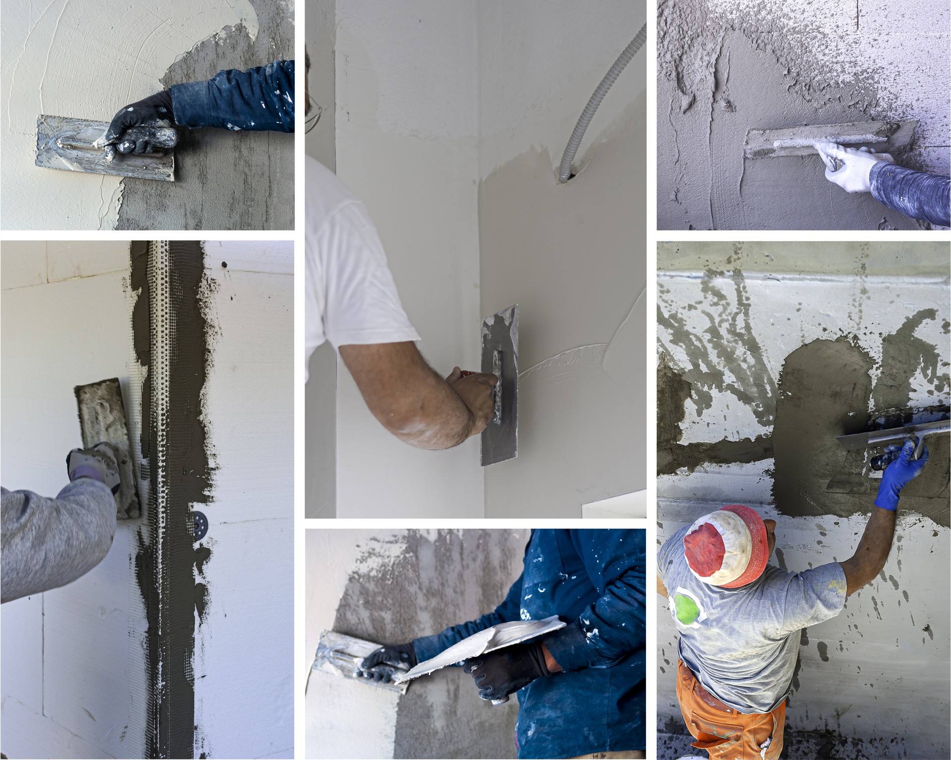 Construction site. Workers At Work. Collage of photographs showing builders at facade plastering works.